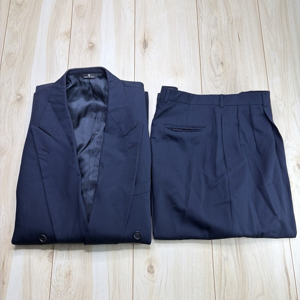 Perry Ellis Portfolio Men's Double Breasted Wool Suit Blue Size 46L 40x32 USA
